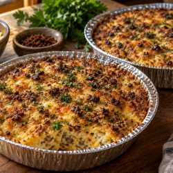 Crustless Biltong and Cheese Tart – South African Savoury Bake - Saffarazzi Golden crustless biltong and cheese tart in aluminium dishes, image supplied by Irene Muller and created using AI