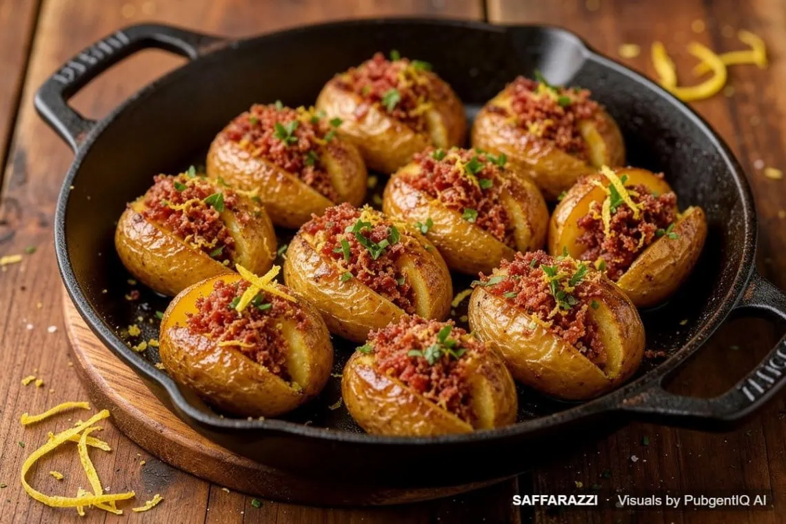 biltong-hasselback-roast-potatoes-recipe-featured - Saffarazzi Golden biltong-crusted roast potatoes with crisp scored edges, savoury biltong crumbs and fresh parsley