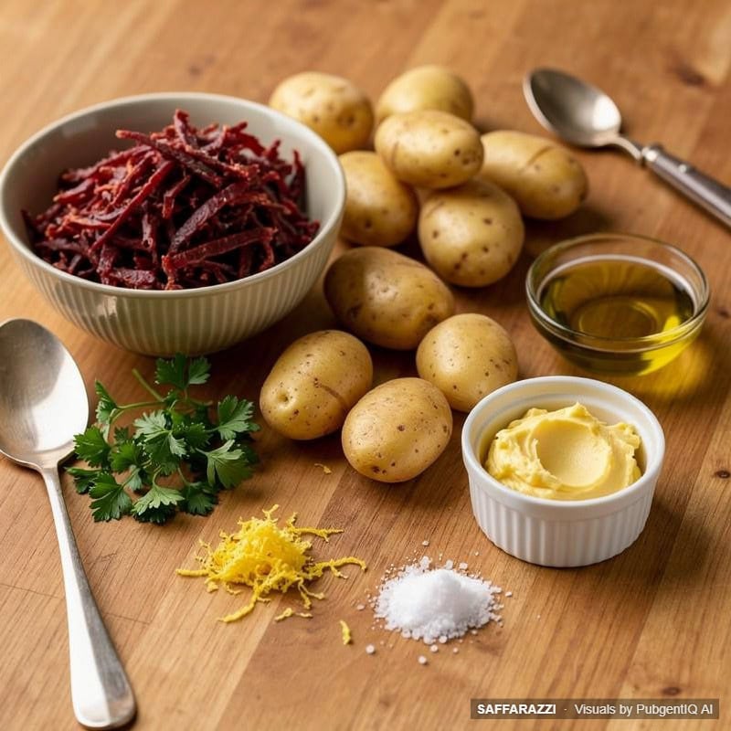 Ingredients for biltong-crusted roast potatoes including potatoes, biltong, butter, herbs, seasonings and lemon