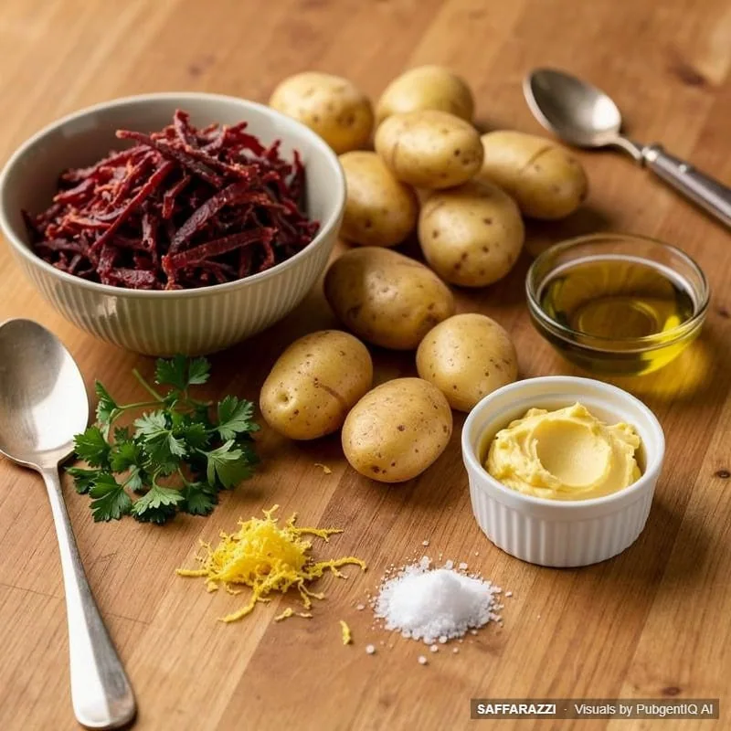 biltong-hasselback-roast-potatoes-recipe-ingredients - Saffarazzi Ingredients for biltong-crusted roast potatoes including potatoes, biltong, butter, herbs, seasonings and lemon
