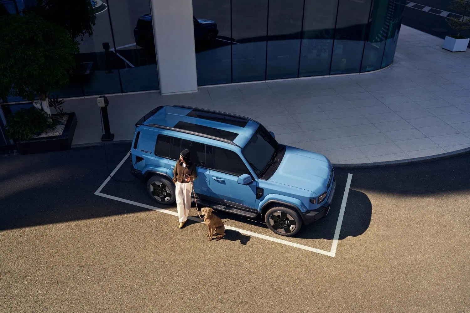 Blue iCAUR V27 from above in parking bay with dog - Saffarazzi Blue iCAUR V27 from above in parking bay with dog
