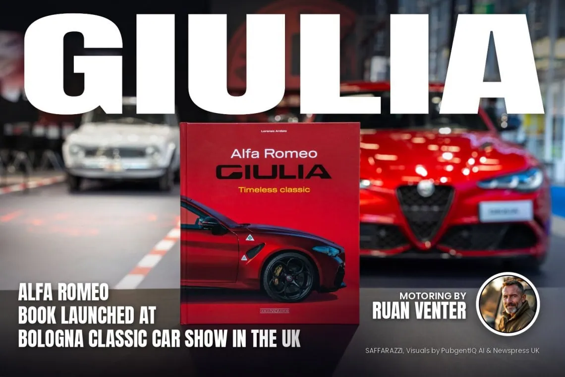 UK Motoring: Book on Alfa Romeo Giulia launched - Saffarazzi Giulia magazine cover: Alfa Romeo book launched at Bologna classic car show in the UK, with the writer's by-line.