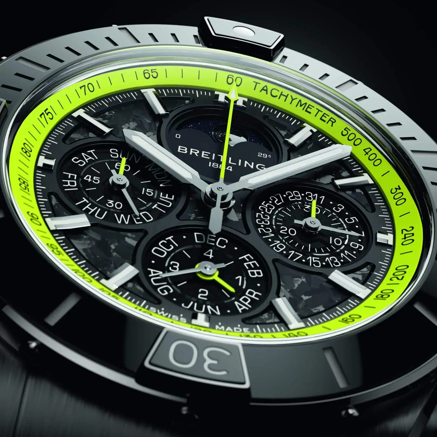 Breitling Super Chronomat dial close-up with moon phase - Saffarazzi Breitling Super Chronomat dial close-up with moon phase