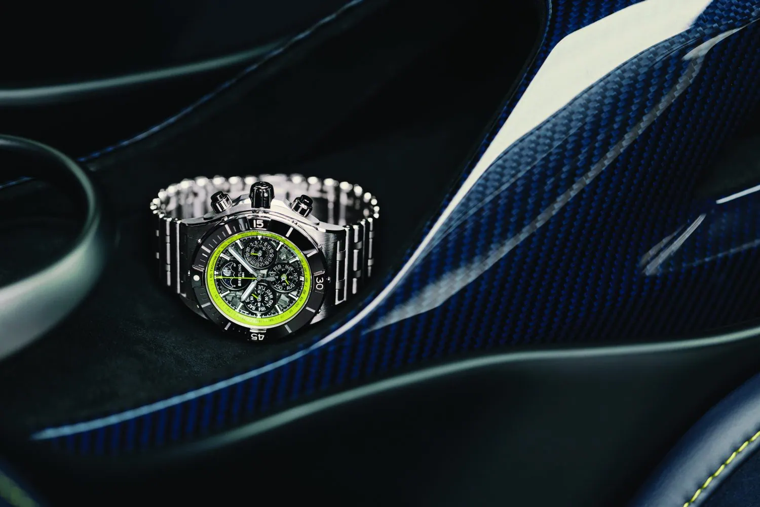 Breitling Super Chronomat on bracelet inside Aston Martin Valhalla - Saffarazzi Breitling Super Chronomat on bracelet inside Aston Martin Valhalla