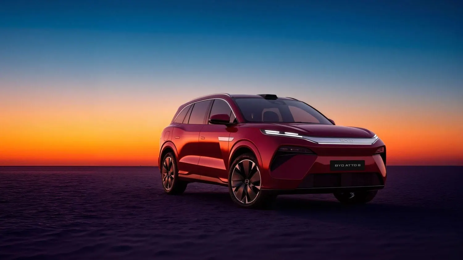 BYD ATTO 8 front three-quarter view at sunset - Saffarazzi BYD ATTO 8 front three-quarter view at sunset