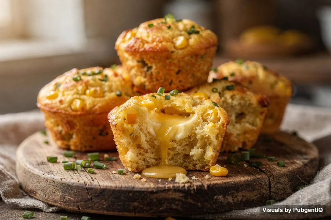 Cheese and Sweetcorn Muffins - Saffarazzi Cheese and sweetcorn muffins on a wooden board, one split open with butter melting inside