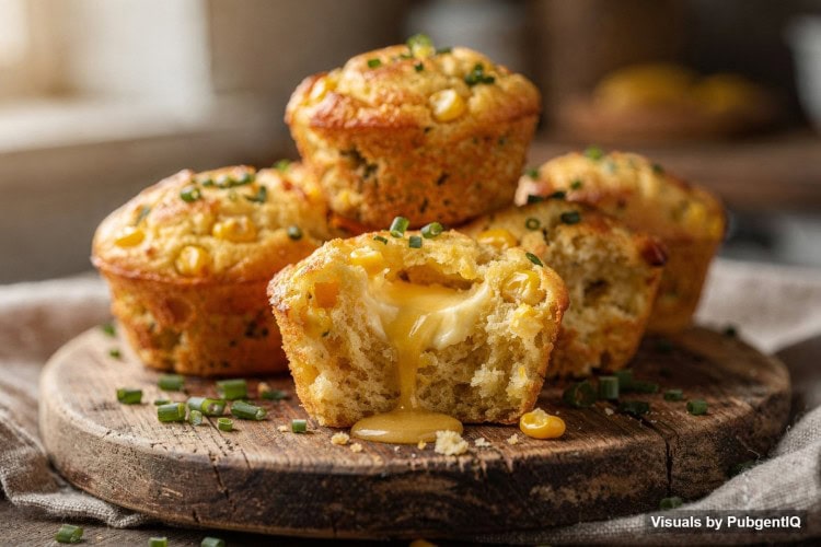 Cheese and sweetcorn muffins on a wooden board, one split open with butter melting inside