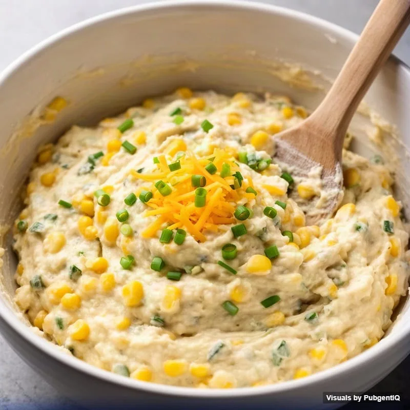 Pour the wet mixture into the dry ingredients and add the grated cheddar, sweetcorn and chives. Fold gently with a spatu