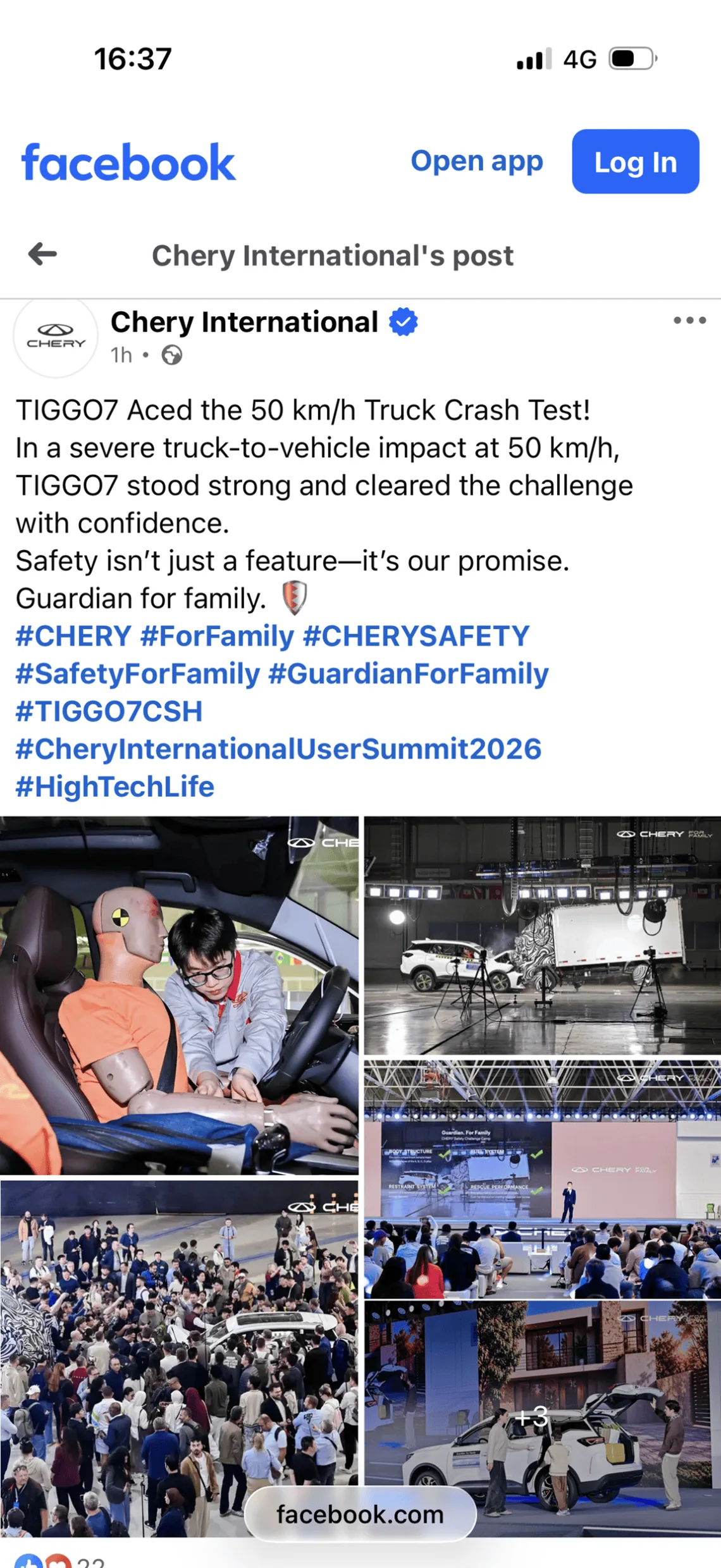 Chery Facebook post on Tiggo 7 truck crash test.