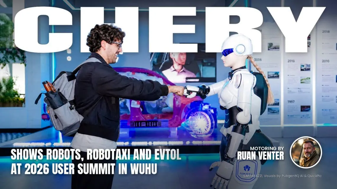 Chery magazine cover: Shows robots, robotaxi and eVTOL at 2026 user summit in Wuhu, with the writer's by-line.