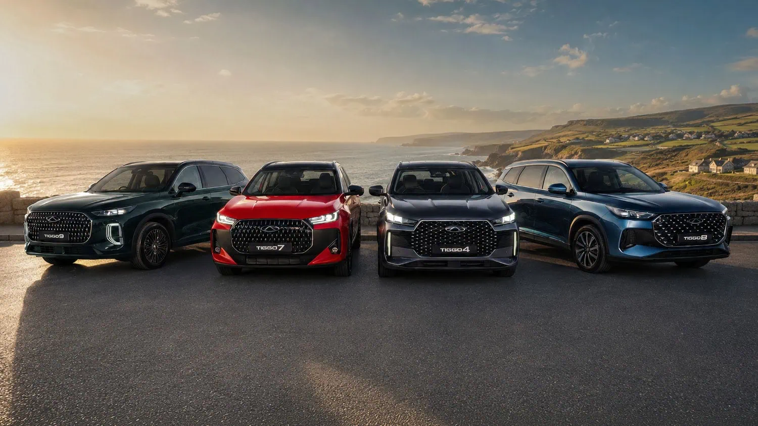 Four Chery Tiggo SUVs - Saffarazzi Chery Tiggo SUV range lined up by the coast.
