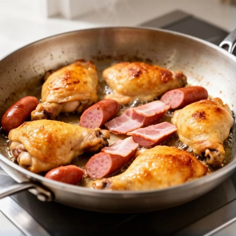 Switch the oven grill to high. Heat the olive oil in a large, shallow ovenproof casserole over high heat, then add the c