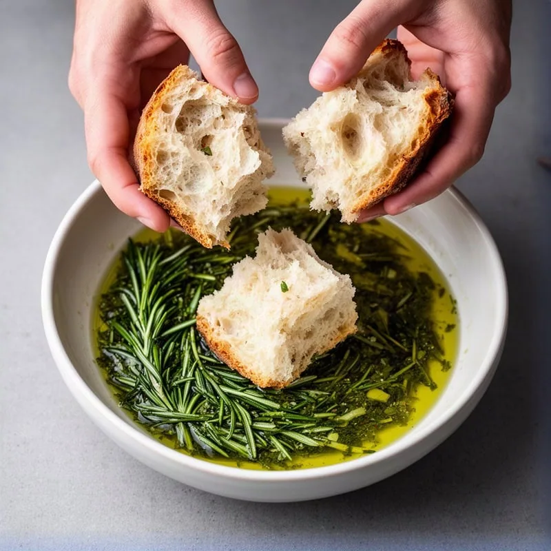 Add the torn sourdough to the mortar or a bowl and scrunch it with your hands until every piece is coated in the herby o