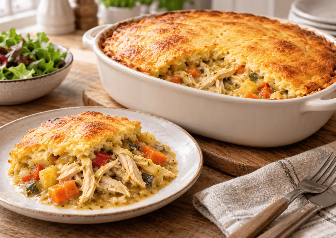 Whole Chicken Pie with Golden Crust - Saffarazzi Golden-brown chicken pot pie in a white baking dish; a slice on a plate shows chicken, carrots, potatoes, and peas in creamy sauce.