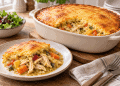 Golden-brown chicken pot pie in a white baking dish; a slice on a plate shows chicken, carrots, potatoes, and peas in creamy sauce.