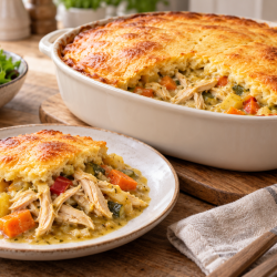 Whole Chicken Pie with Golden Crust - Saffarazzi Golden-brown chicken pot pie in a white baking dish; a slice on a plate shows chicken, carrots, potatoes, and peas in creamy sauce.
