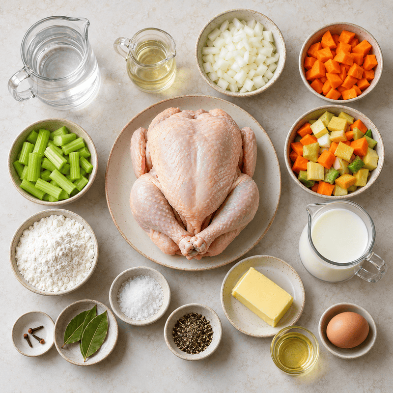 Ingredients for whole chicken pie including a whole chicken, vegetables, seasonings, flour, butter, milk, oil and egg