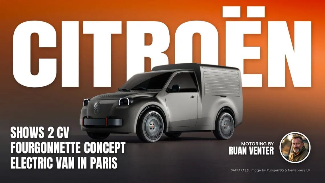 Citroën 2 CV Fourgonnette Concept front three-quarter view - Saffarazzi Grey futuristic cargo van with a large rear cargo container against a warm orange sunset backdrop on a dark ground surface, viewed from front-left.