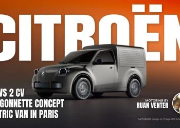 Grey futuristic cargo van with a large rear cargo container against a warm orange sunset backdrop on a dark ground surface, viewed from front-left.