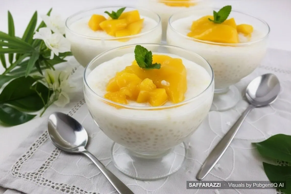 Coconut, Sago and Mango Dessert for Summer - Saffarazzi Glass cups of creamy coconut sago pudding topped with chopped mango on a summer table setting.