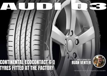 Audi Q3 magazine cover: Continental EcoContact 6 Q tyres fitted at the factory, with the writer's by-line.