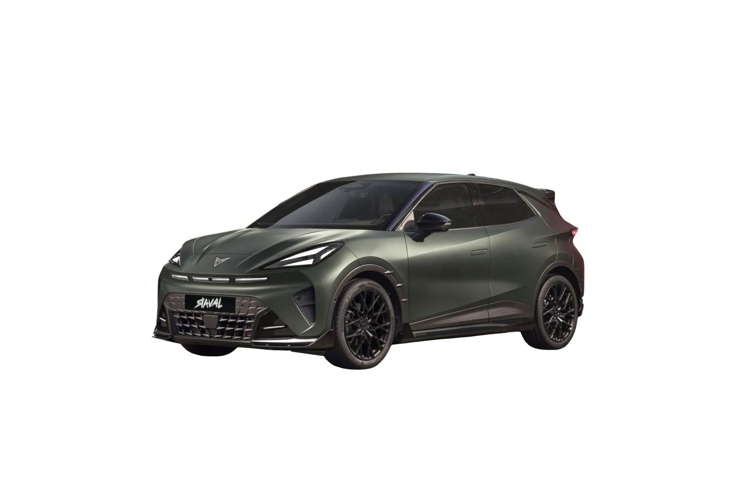 CUPRA Raval with ABT pack on white background - Saffarazzi Green SUV car viewed from the front-left, showcasing a bold grille and sharp headlights against a white background.