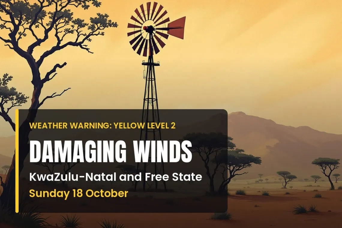 Damaging winds warning: Damaging Winds weather warning for KwaZulu-Natal and Free State.