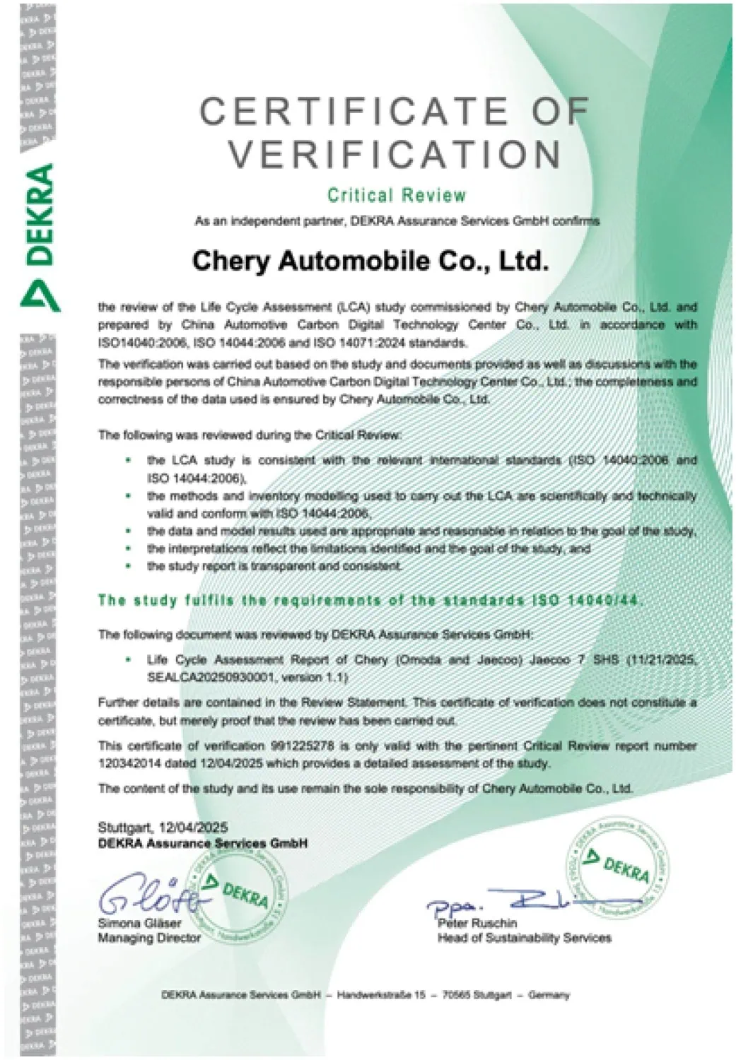 DEKRA lifecycle verification certificate - Saffarazzi Certificate of Verification for Chery Automobile Co., Ltd. with DEKRA seals and green-teal design on page header