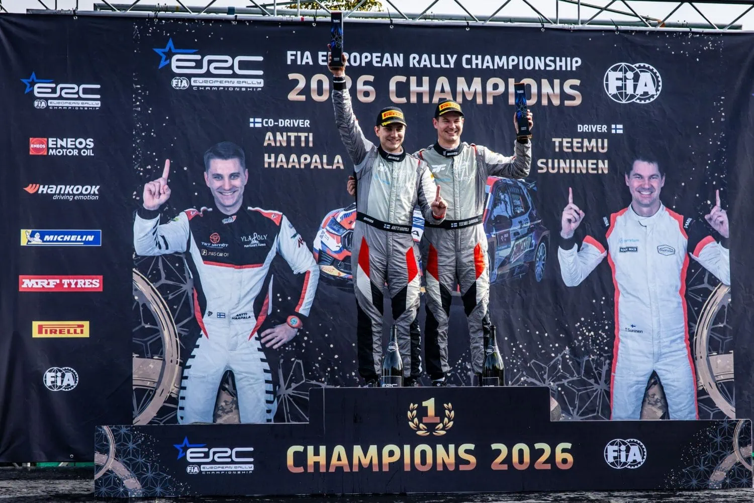 FIA European Rally Championship 2026 champions on podium - Saffarazzi FIA European Rally Championship 2026 champions on podium