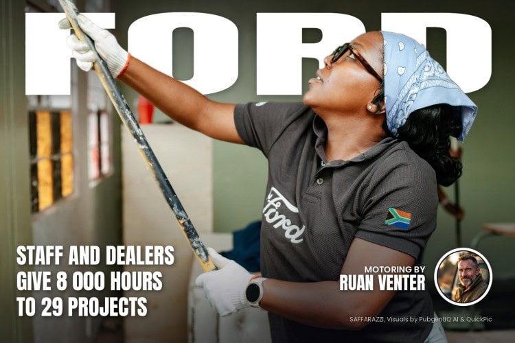 Ford magazine cover: Staff and dealers give 8 000 hours to 29 projects, with the writer's by-line.