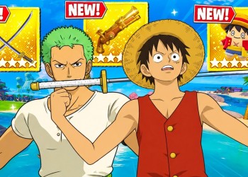 Two anime pirate characters strike a heroic pose on a sunny tropical beach, with three glowing 'NEW!' item cards above them (crossed swords, telescope, and a chibi figure).