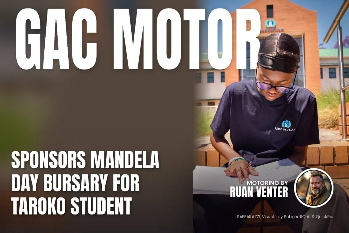 Gac Motor magazine cover: Sponsors Mandela Day bursary for Taroko student, with the writer's by-line.