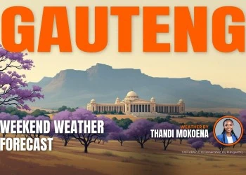 Gauteng weather forecast cover with a landscape of the province behind its name, titled Gauteng Weekend Weather Forecast.