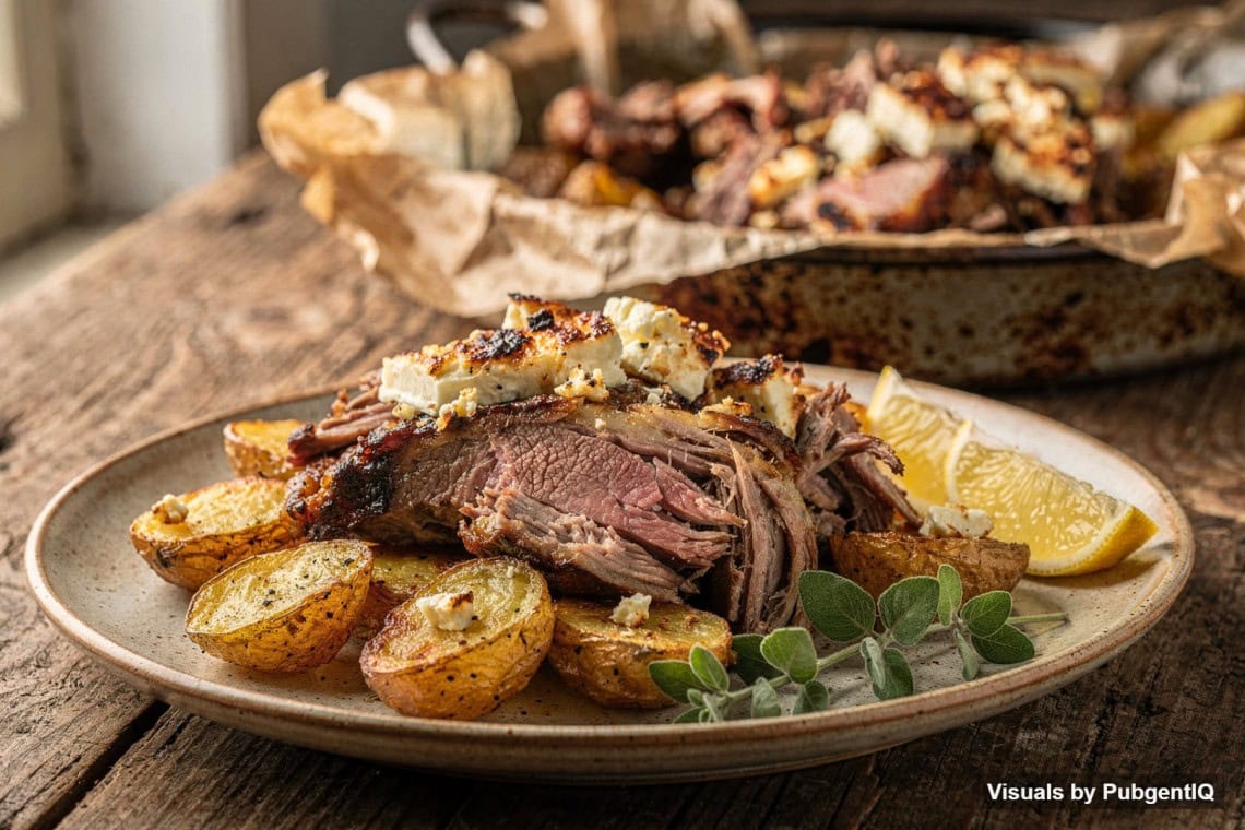 Greek lamb kleftiko with golden potatoes, browned feta and lemon wedges in an opened paper parcel