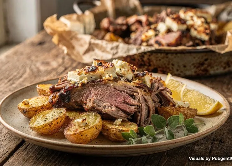 Kleftiko with Lemon, Garlic and Oregano - Saffarazzi Greek lamb kleftiko with golden potatoes, browned feta and lemon wedges in an opened paper parcel