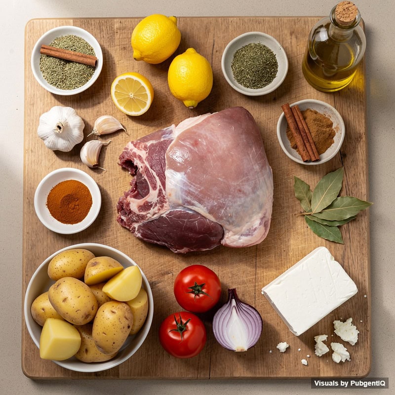 The ingredients for Kleftiko with Lemon, Garlic and Oregano