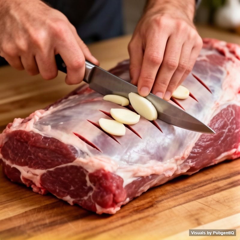 Use a small sharp knife to make about 16 deep slits all over the lamb, then push a slice of garlic into each one.