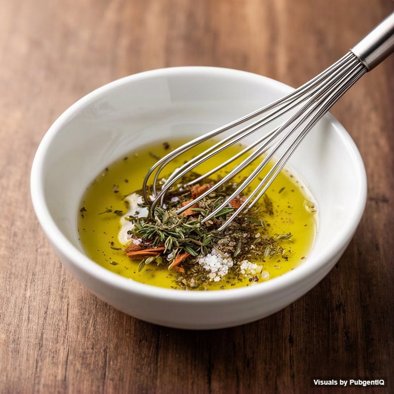 In a small bowl, whisk the 80 ml olive oil, lemon juice, oregano, cinnamon and thyme (if using), 2 tsp salt and the pepp