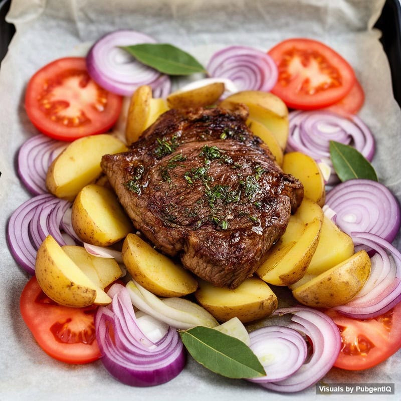 Place the lamb on the potatoes along with any marinade left in the dish. Tuck the tomatoes, onion (if using) and bay lea