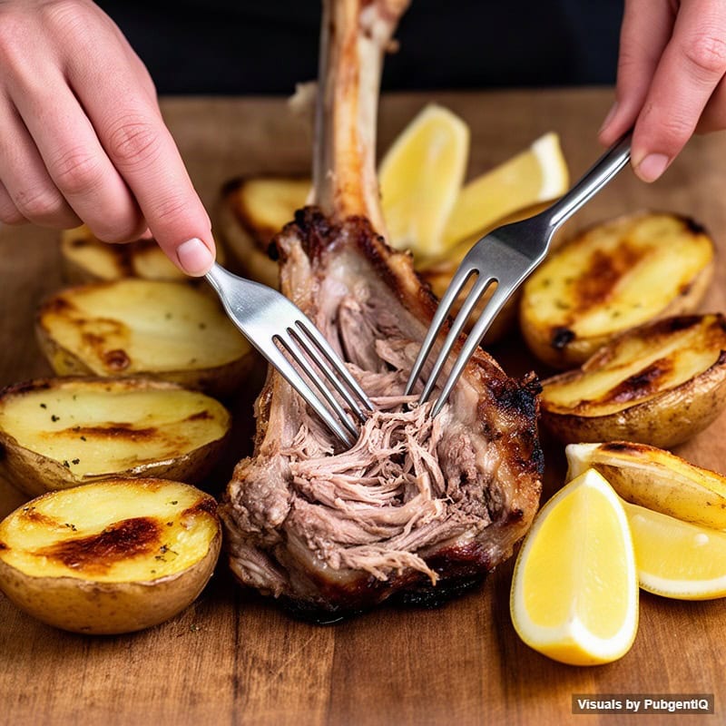 Rest for 10 minutes, then pull the lamb into chunks and serve with the potatoes, pan juices, lemon wedges, chopped herbs