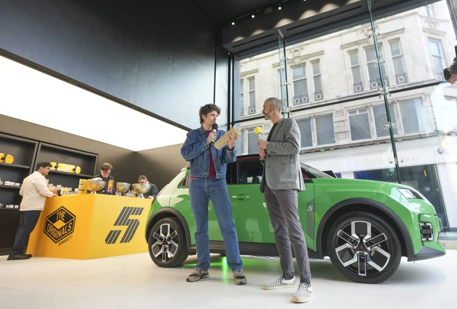 Green Renault 5 E-Tech electric at Renault store event - Saffarazzi Green Renault 5 E-Tech electric at Renault store event