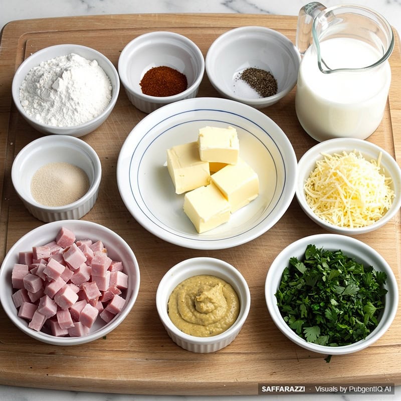 Raw ingredients for ham quiche - it my laid out on a kitchen counter