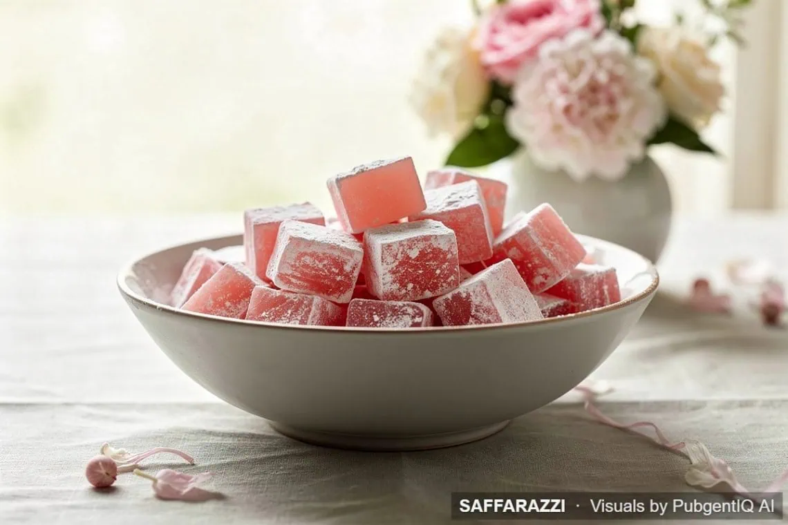 Homemade Turkish Delight – Pink Rosewater Sweets - Saffarazzi Pink rosewater Turkish delight squares coated in icing sugar, served as homemade sweets