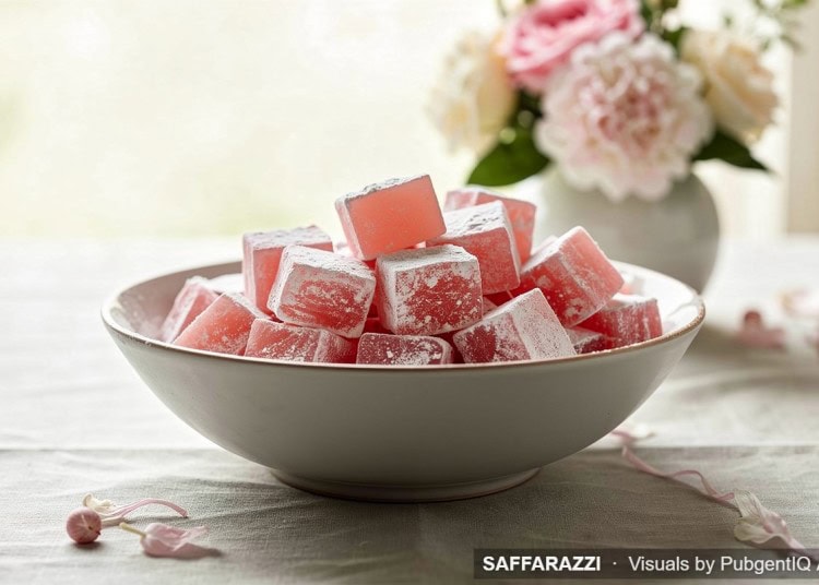 Pink rosewater Turkish delight squares coated in icing sugar, served as homemade sweets