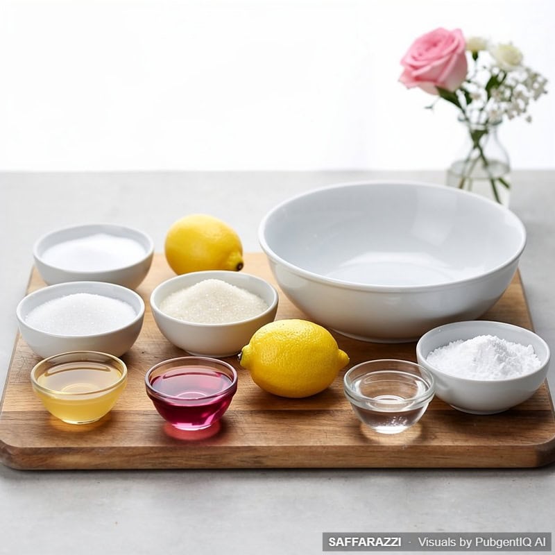 Ingredients for homemade rosewater Turkish delight including sugar, lemon, gelatine, cornflour and rosewater