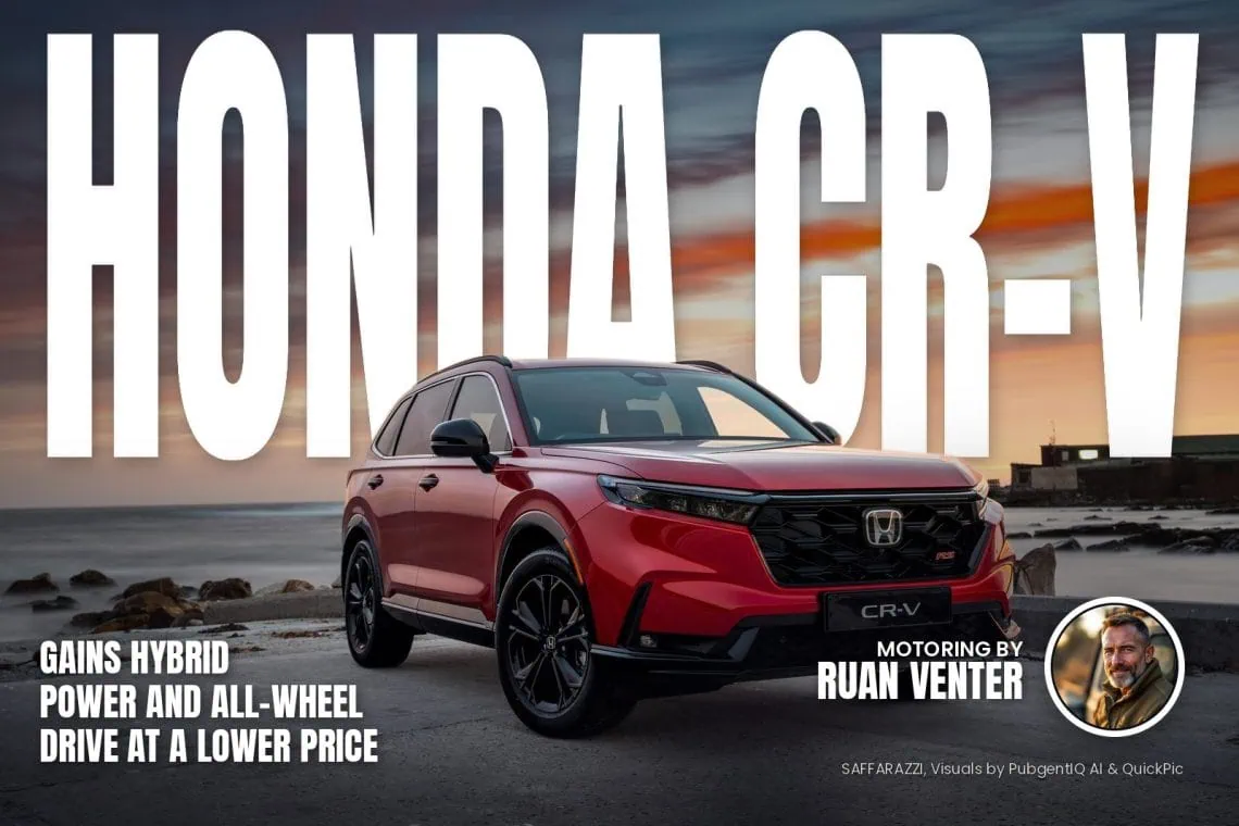 Honda CR-V hybrid SUV front three-quarter view at sunset