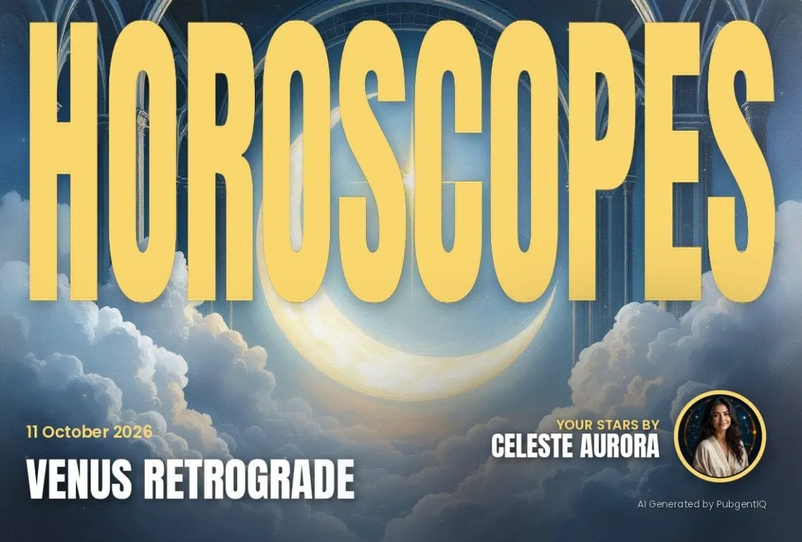 Poster with huge yellow HOROSCOPES text over a crescent moon and clouds; includes Venus Retrograde, 11 October 2026, and Celeste Aurora portrait on the right.