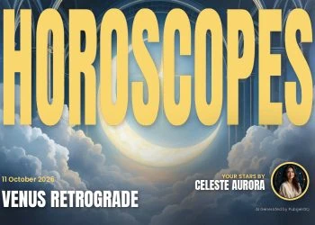 Poster with huge yellow HOROSCOPES text over a crescent moon and clouds; includes Venus Retrograde, 11 October 2026, and Celeste Aurora portrait on the right.