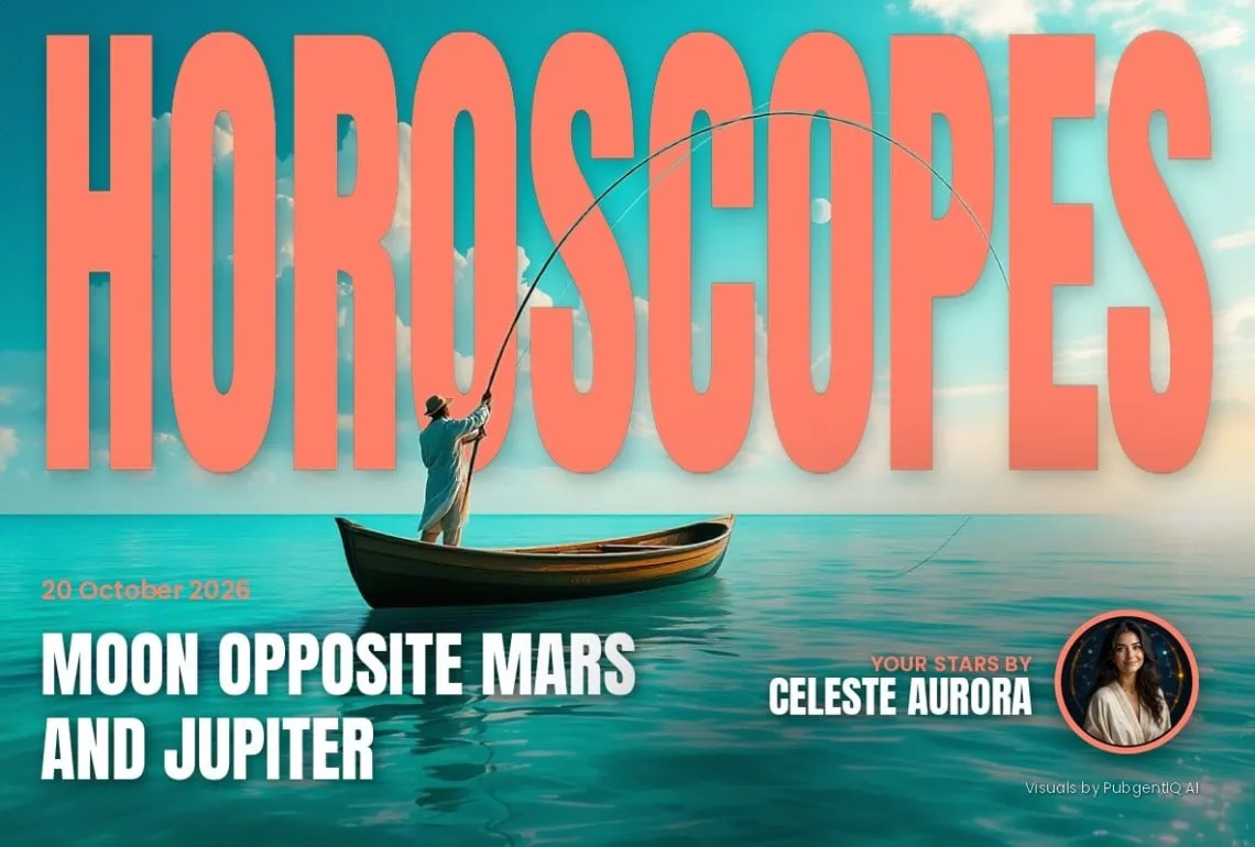 Horoscopes 20 October magazine cover, Moon Opposite Mars and Jupiter, with Celeste Aurora's by-line.