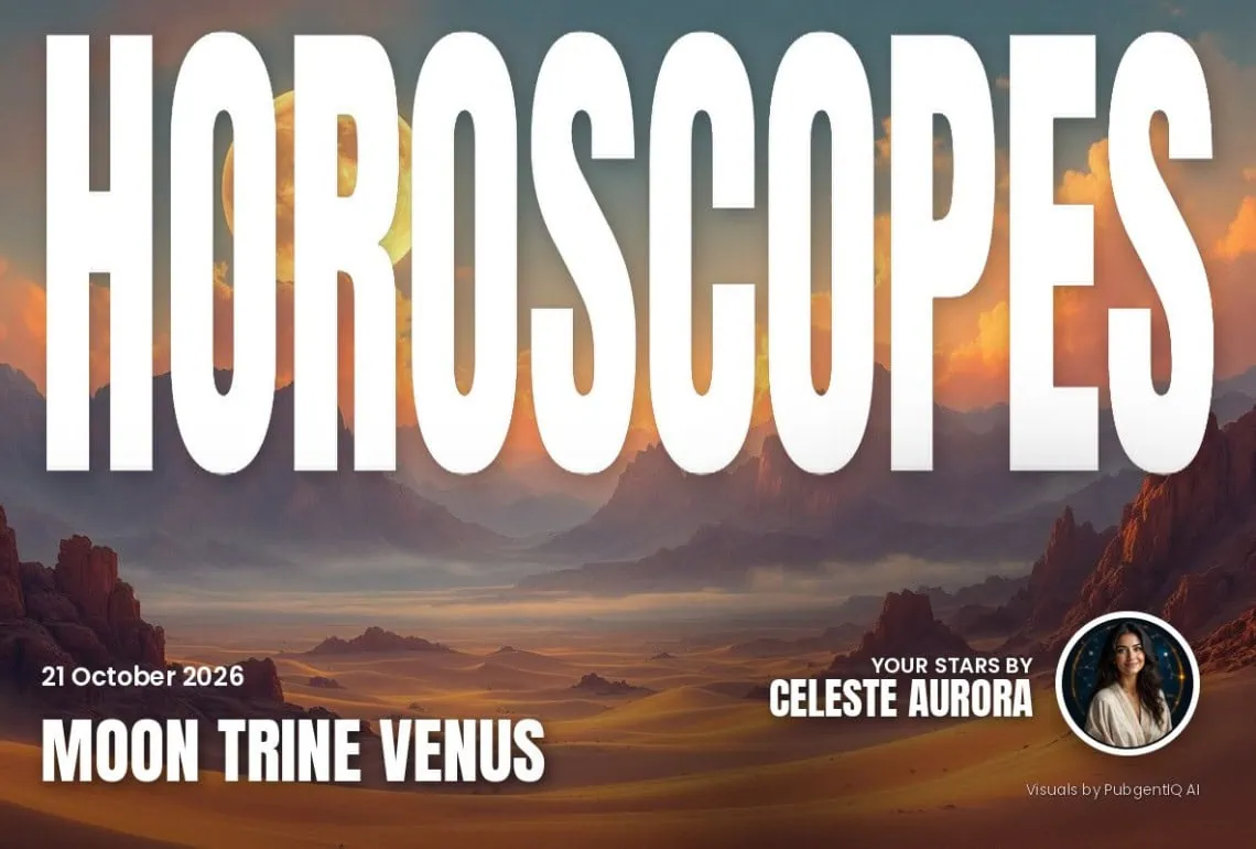 Horoscopes 21 October magazine cover, Moon Trine Venus, with Celeste Aurora's by-line.